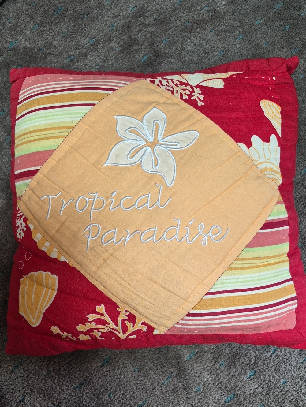 Source Unknown Tropical Paradise Patchwork Pillow - Red, Yellow, Cream, Green!